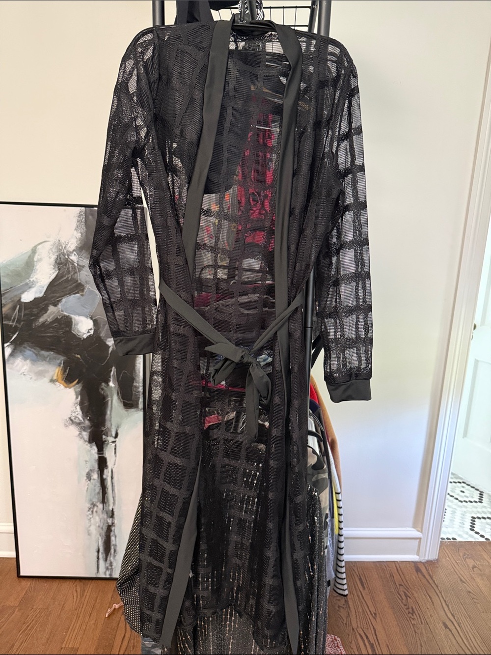 Sheer Black Grid Mesh Duster Robe